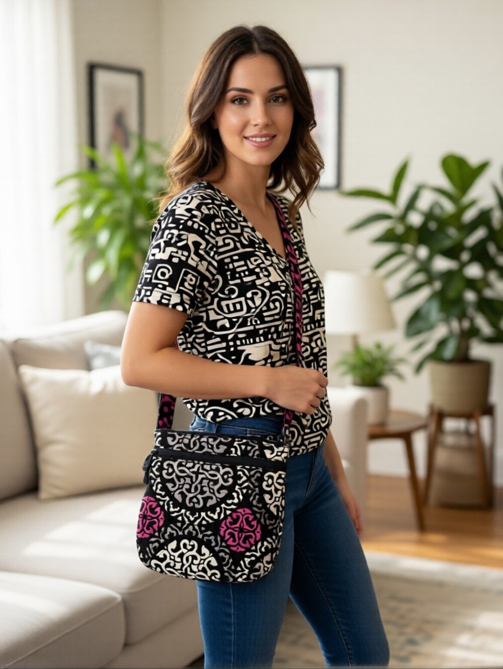 Vera Bradley Black and Pink Patterned Crossbody Bag - Picture 10 of 10